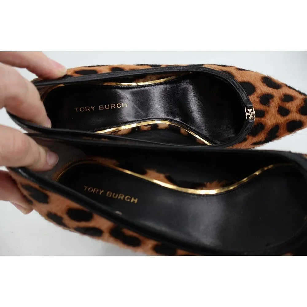 Tory Burch Double T Buckle Leopard Calf Hair Kitten Heel Pumps Size 5.5 Brown